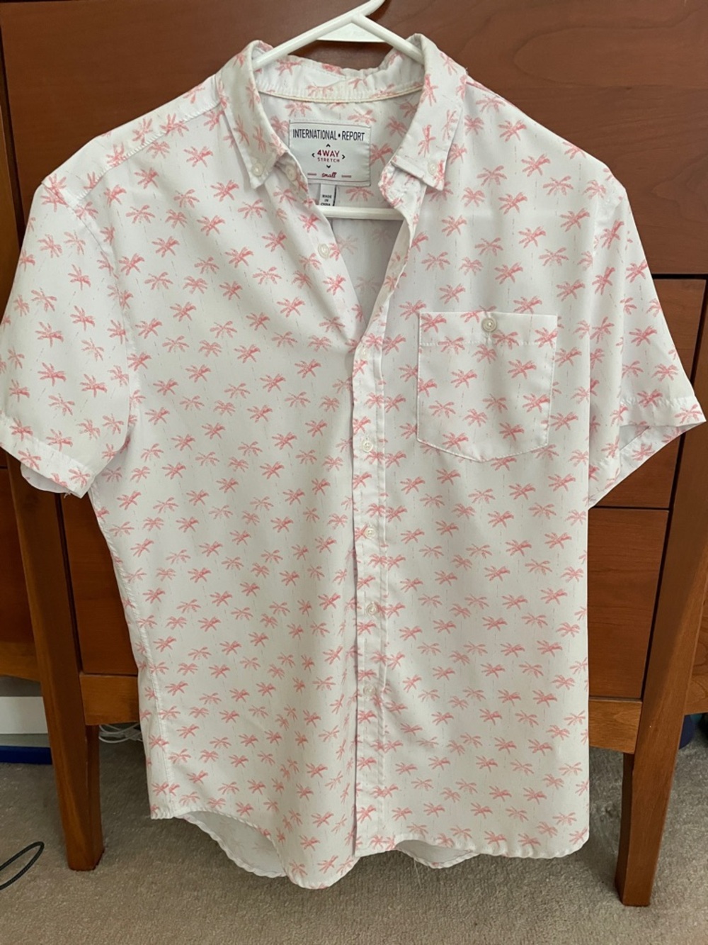 Men's White Short-Sleeve Shirt with Pink Palm Print